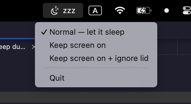 AwakeBar menu open in the macOS menu bar showing three states